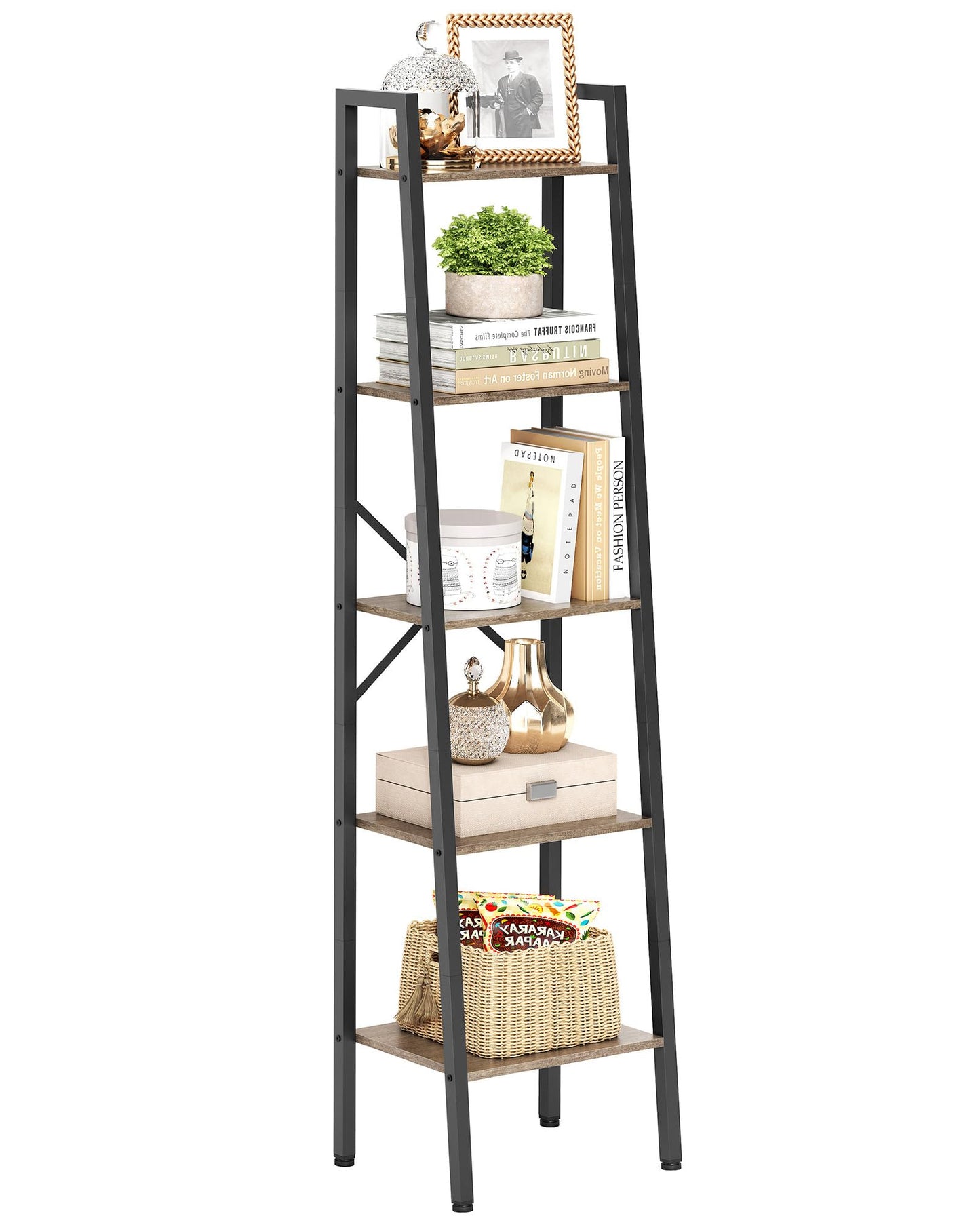 Hoctieon 5-Tier Industrial Ladder Bookshelf Narrow Ladder Shelf Tall Standing Bookshelf Skinny Open Ladder Shelf for Living Room Home Office Kitchen Bedroom Metal Frame Greige