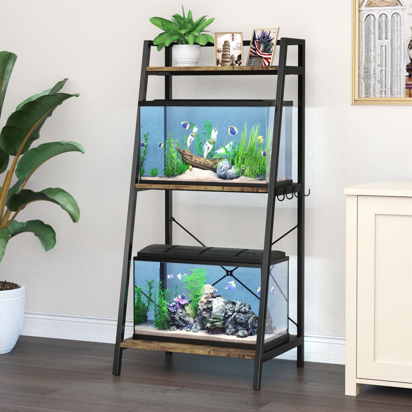 GDLF 5-10 Gallon Fish Tank Stand with Plant Shelf Metal Aquarium Stand with Storage Shelf Fits Turtle Tank Reptile Tank