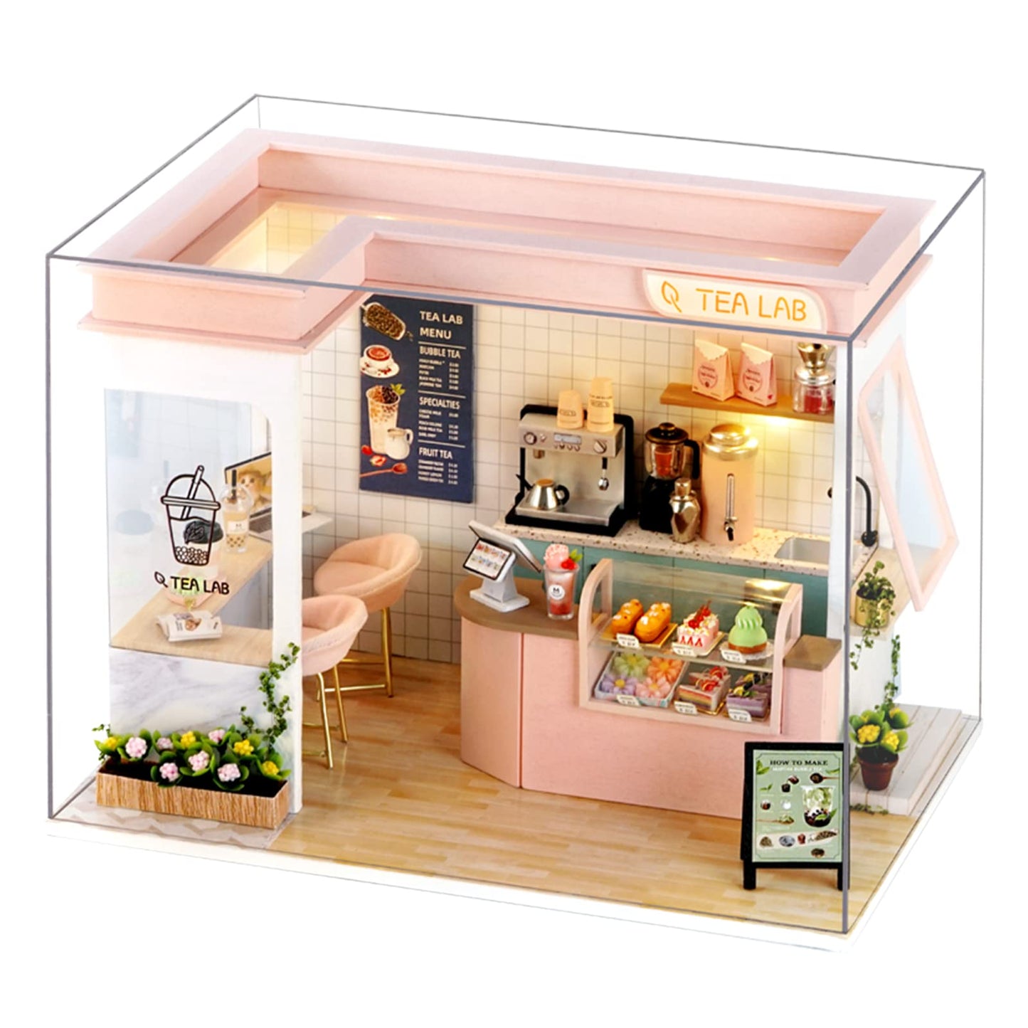 CUTEROOM DIY Doll Room Miniature Furniture House Kit with Dust Cover & LED Light and Accessories-Sunshine Tea Shop