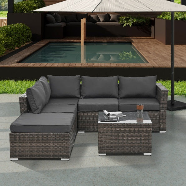 Terrassenmöbel, Outdoor-Möbel, saisonale PE-Geflechtmöbel, 4-teilige Korbmöbel mit Couchtisch aus gehärtetem Glas