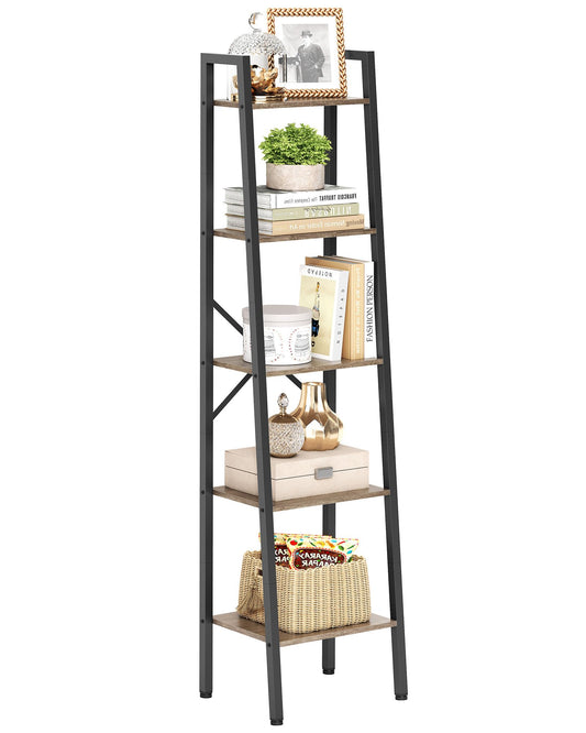 Hoctieon 5-stufiges industrielles Leiterregal, schmales Leiterregal, hohes Standregal, schlankes offenes Leiterregal für Wohnzimmer, Home Office, Küche, Schlafzimmer, Metallrahmen, Greige