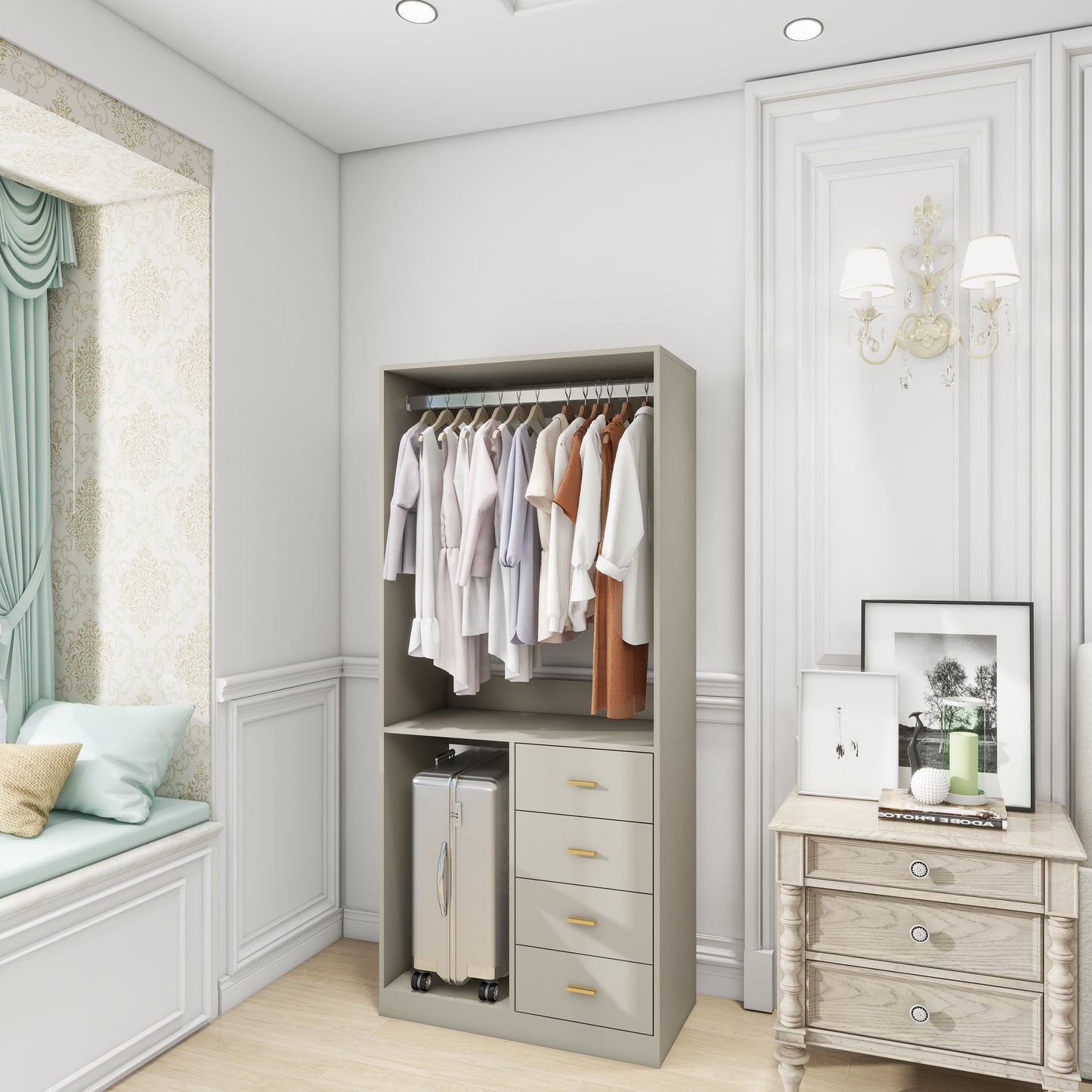 305 GreyCloset System: Begehbares Schranksystem mit 4 Schubladen, Schrank-Set mit Regalen, Kleiderstange, Metallgriffen, integriertem Stauraum, 80 cm B x 40 cm T x 180 cm H
