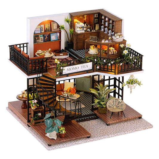 CUTEBEE Puppenhaus Miniatur mit Möbeln DIY Holzpuppenhaus-Bausatz Plus Staubdichtes Kreatives Raumkonzept (Waldteeladen)