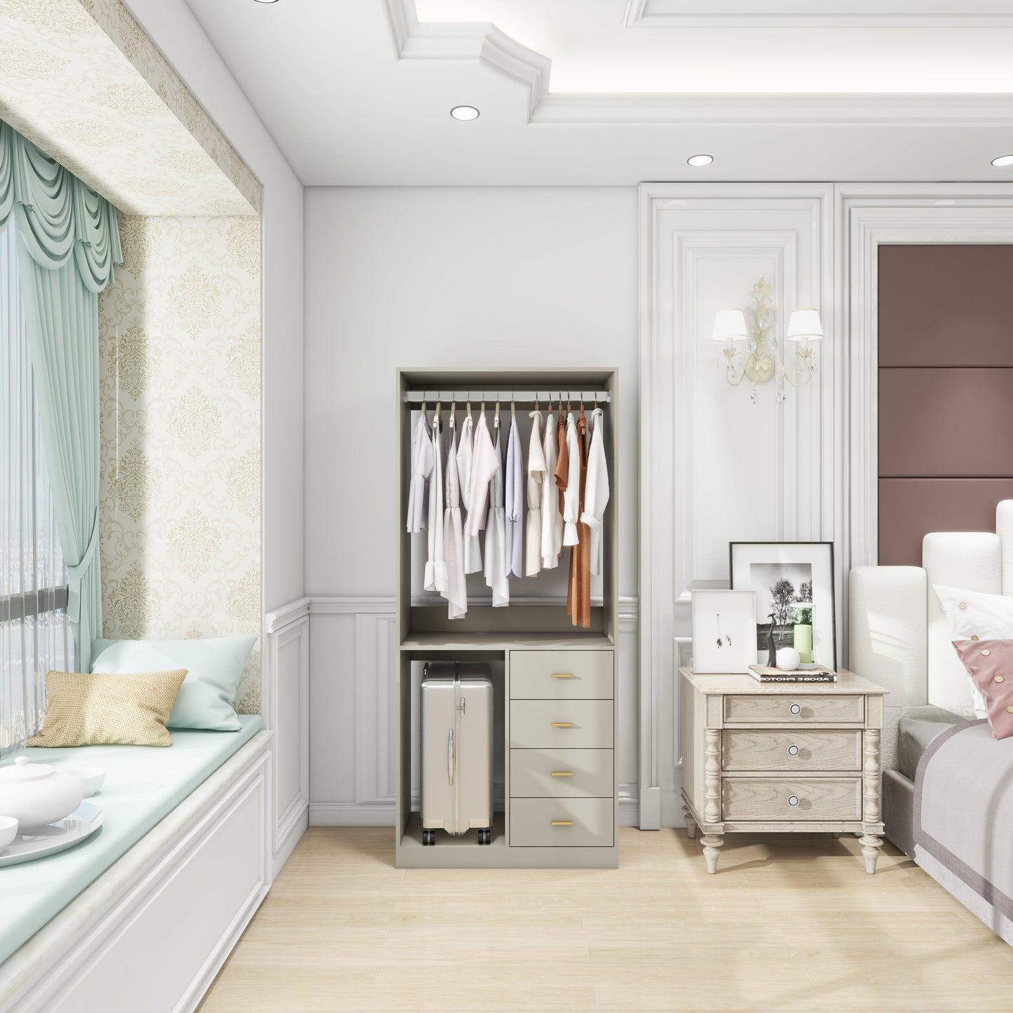 305 GreyCloset System: Begehbares Schranksystem mit 4 Schubladen, Schrank-Set mit Regalen, Kleiderstange, Metallgriffen, integriertem Stauraum, 80 cm B x 40 cm T x 180 cm H