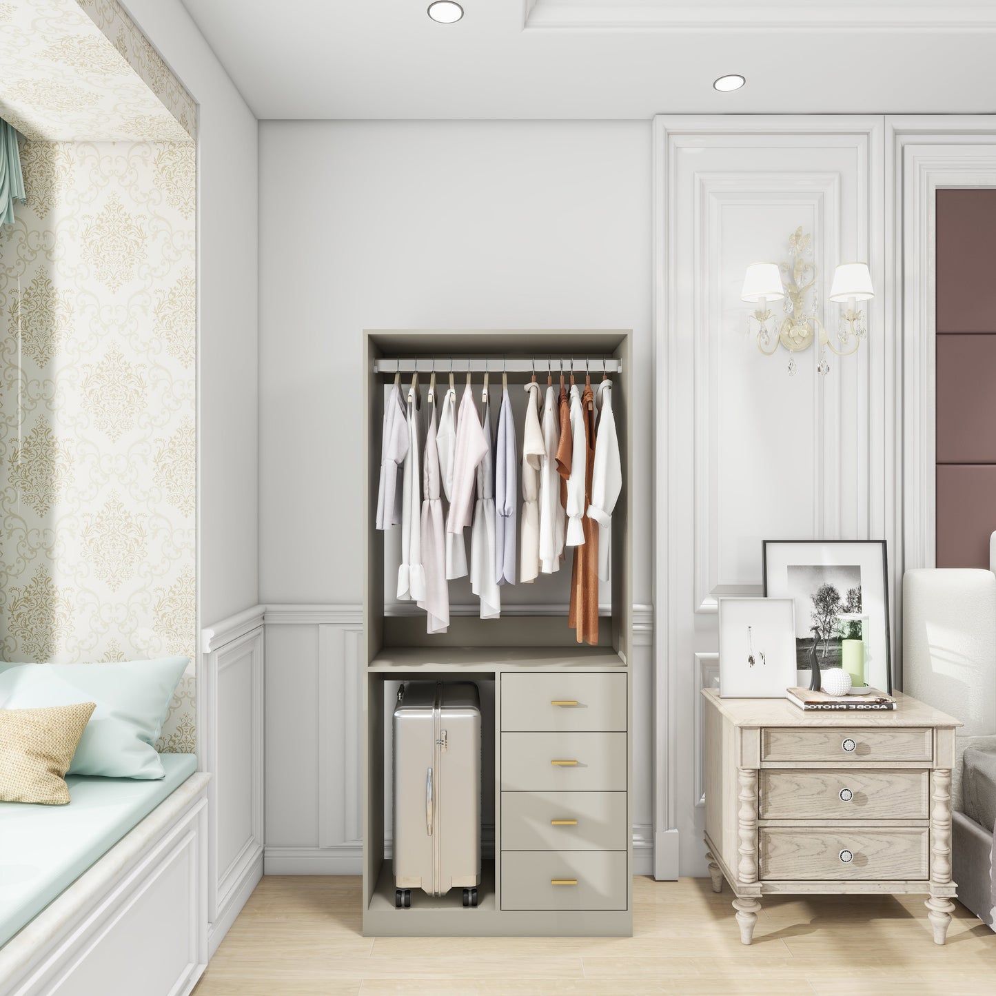 305 GreyCloset System: Begehbares Schranksystem mit 4 Schubladen, Schrank-Set mit Regalen, Kleiderstange, Metallgriffen, integriertem Stauraum, 80 cm B x 40 cm T x 180 cm H