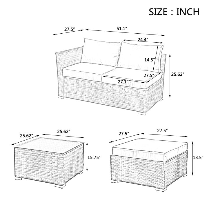 Terrassenmöbel, Outdoor-Möbel, saisonale PE-Geflechtmöbel, 4-teilige Korbmöbel mit Couchtisch aus gehärtetem Glas