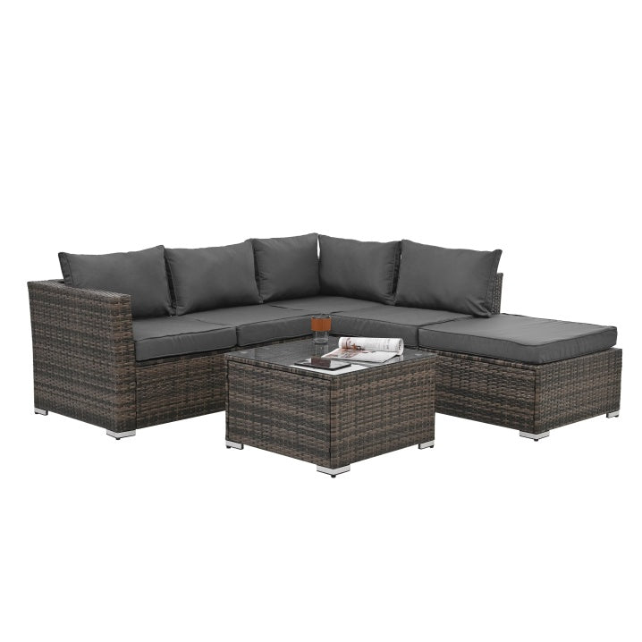 Terrassenmöbel, Outdoor-Möbel, saisonale PE-Geflechtmöbel, 4-teilige Korbmöbel mit Couchtisch aus gehärtetem Glas