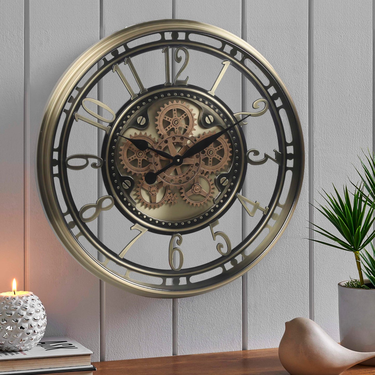 CLXEAST Large Moving Gear Wall Clock for Living Room Decor Modern Farmhouse Wall Clock for Home OfficeBrass Gold28 Inch