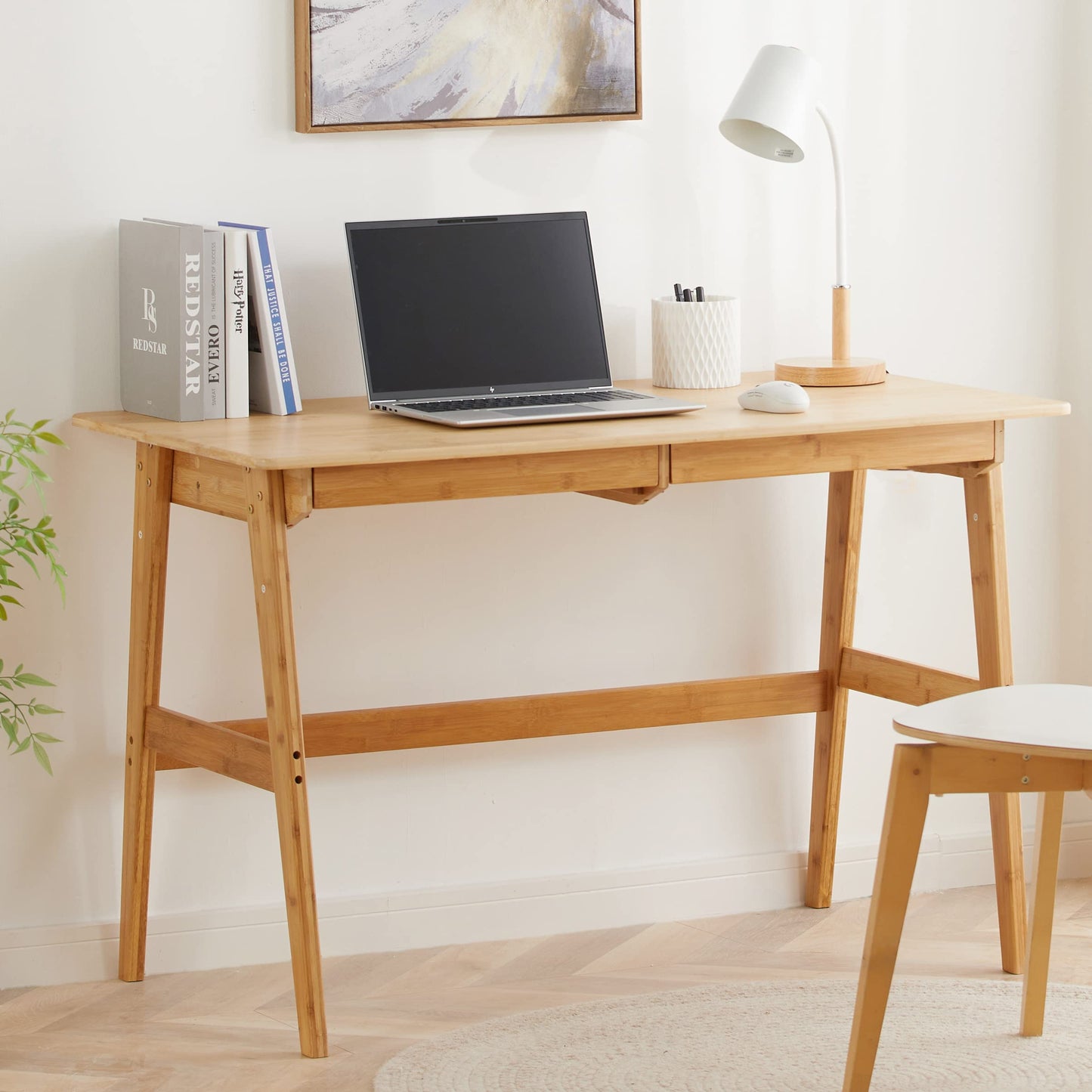 Nnewvante Schreibtisch 46 Zoll Bambus Home Office Tisch mit 2 Schubladen Moderne Möbel Einfacher Arbeitsplatz Schminktisch