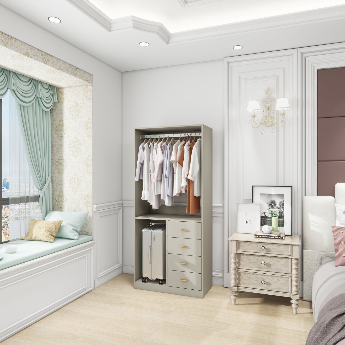 305 GreyCloset System: Begehbares Schranksystem mit 4 Schubladen, Schrank-Set mit Regalen, Kleiderstange, Metallgriffen, integriertem Stauraum, 80 cm B x 40 cm T x 180 cm H