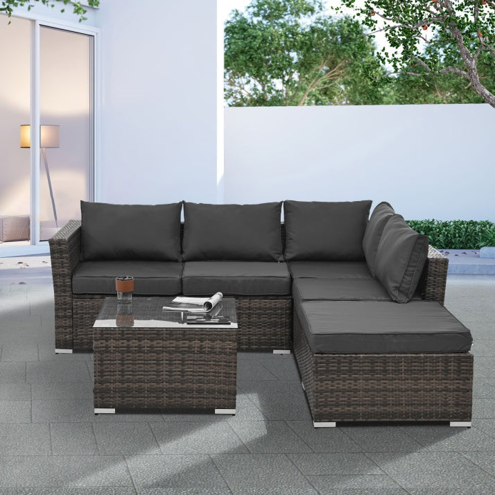 Terrassenmöbel, Outdoor-Möbel, saisonale PE-Geflechtmöbel, 4-teilige Korbmöbel mit Couchtisch aus gehärtetem Glas