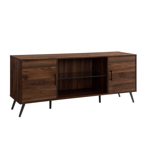 TV-Schrank im Mid-Century Modern-Stil mit 2 Türen und Glasablage – dunkles Walnussholz